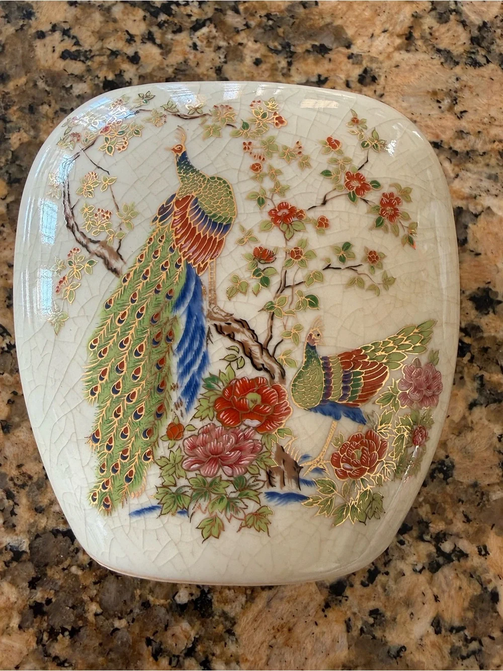 Vintage Porcelain Crackle Glaze Gold Trim Cherry Blossom Peacock Vase